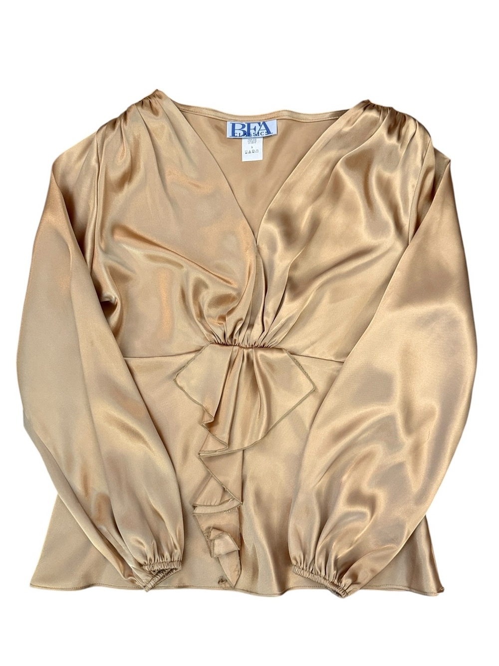 BFA Classics Metallic Gold Poly Satin Ruffle Blouse V-Neck Long Sleeve Small